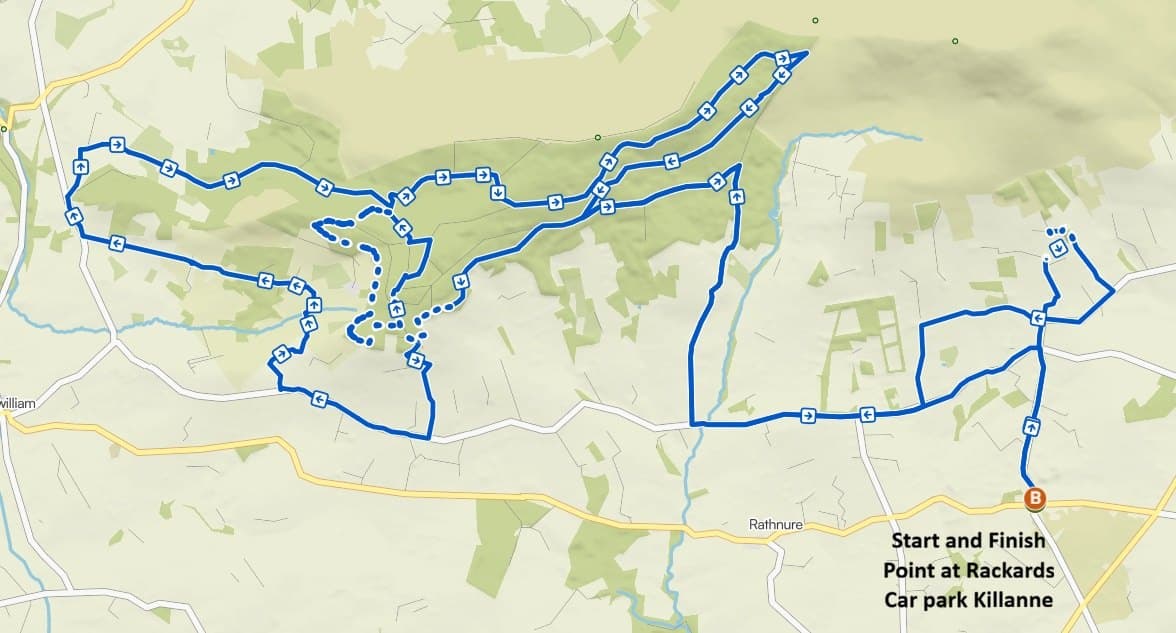 Map of the 2026 off-road route, a waymarked loop west from Rackards Car Park in Killanne through the Blackstairs forestry and back.